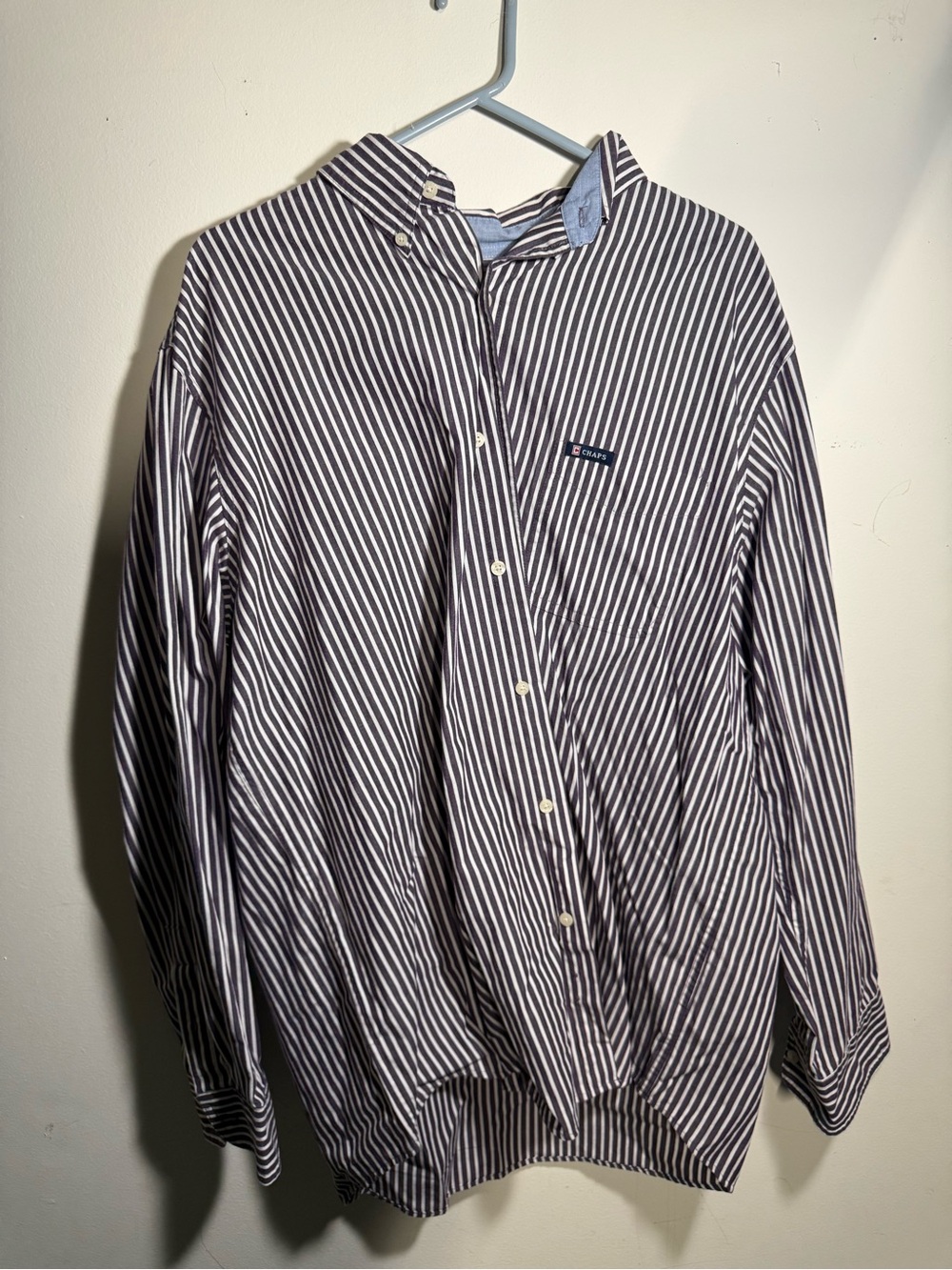 Chaps Striped Purple and White Button Shirt with Logo Patch
